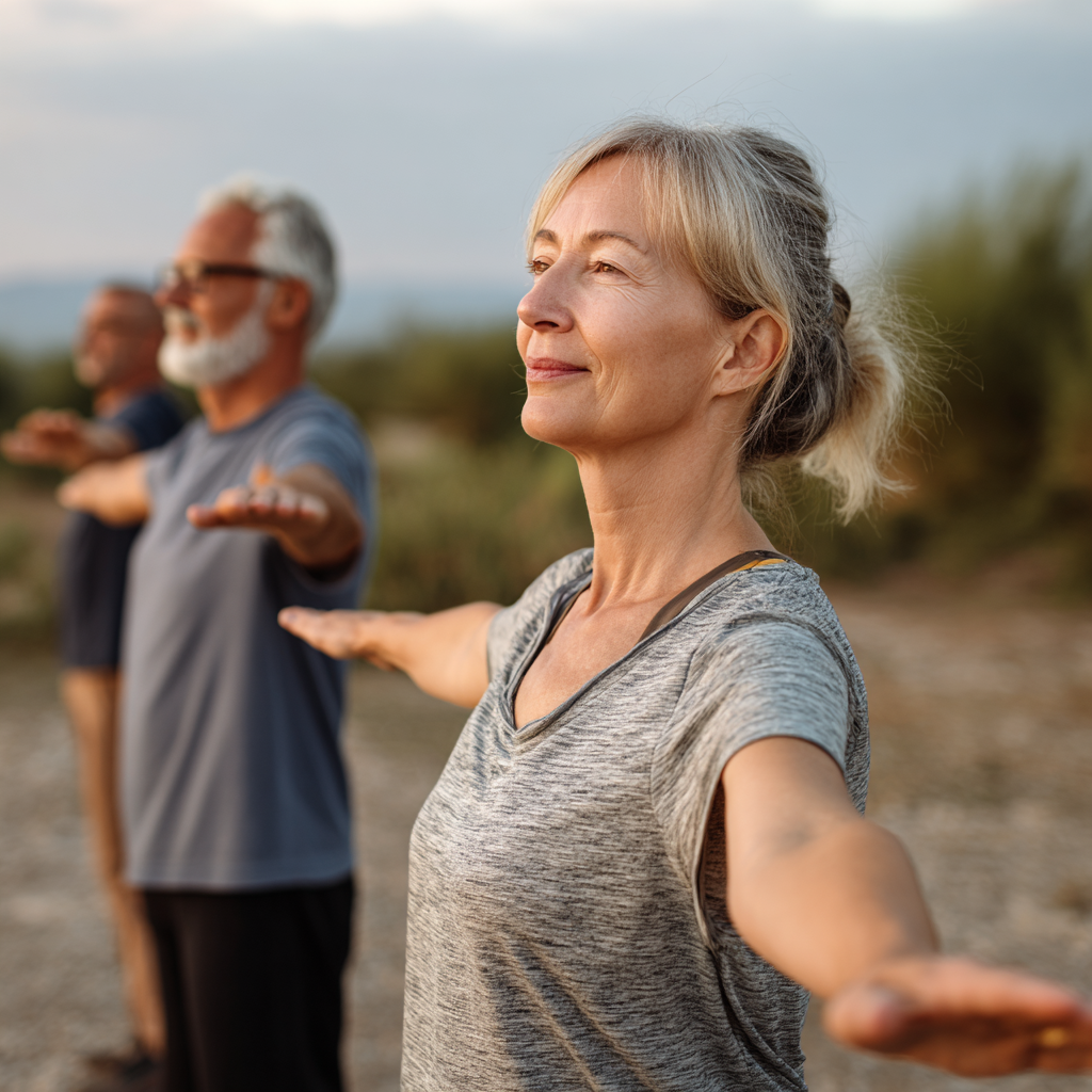 Middle-aged adults practicing gentle movement exercises in natural environment